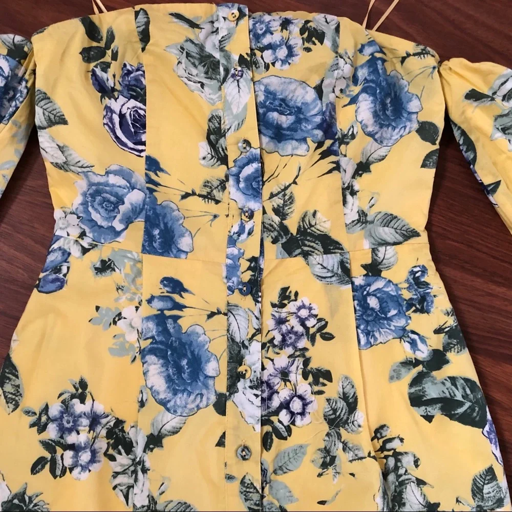 JOA Floral Mini Off Shoulder Bubble Sleeve Dress XS Yellow New - Picture 5 of 8
